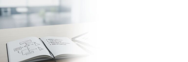 Notizblock mit Ablauf-Schema und Notizen zum Unternehmensverkauf