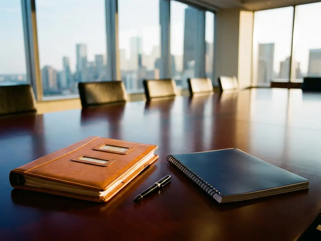 Mahagonitisch im Boardroom mit Akquisitionsmappe, Private-Equity-Pitch-Deck und Füllfederhalter, Stadtpanorama im Hintergrund.