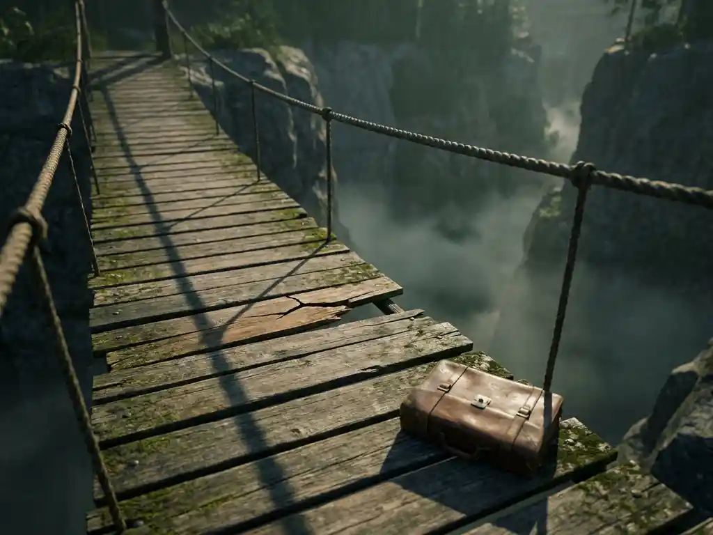 Verwitterte Holzbrücke über tiefe Schlucht mit gebrochenem Planken, Lederkoffer am Rand, nebelverhangenes Tal darunter.