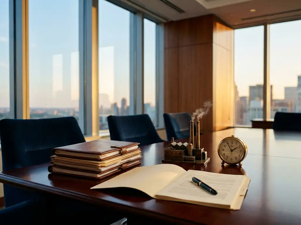Mahagoni-Konferenztisch mit Finanzdossiers, Füllfederhalter auf Dokument und Fabrikmodell neben analoger Uhr, Stadtpanorama im Hintergrund.