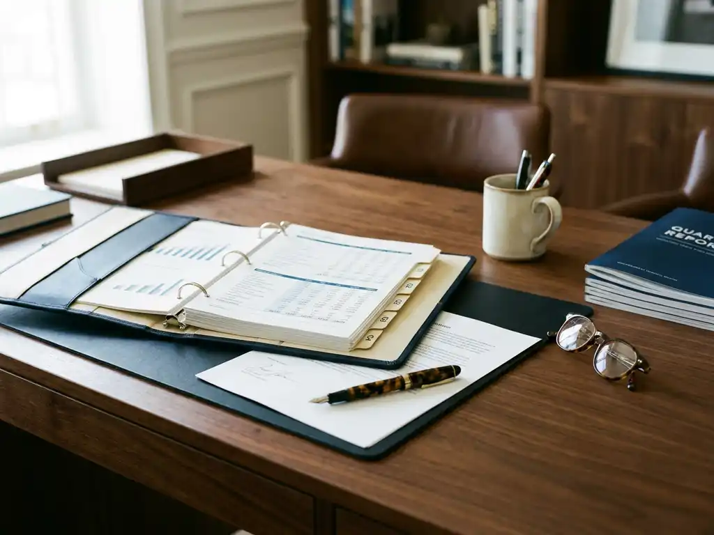 Aufgeschlagener Aktenordner mit Finanzdokumenten, Füllfederhalter auf unterzeichnetem Vertrag und Lesebrille auf poliertem Holzschreibtisch.