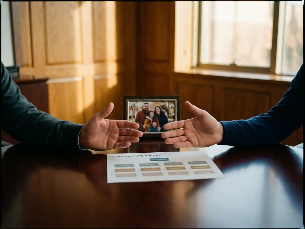 Zwei offene Hände über einem Konferenztisch mit Familienfoto und Organigramm, warmes Nachmittagslicht, Nachfolgeplanung im Unternehmen.