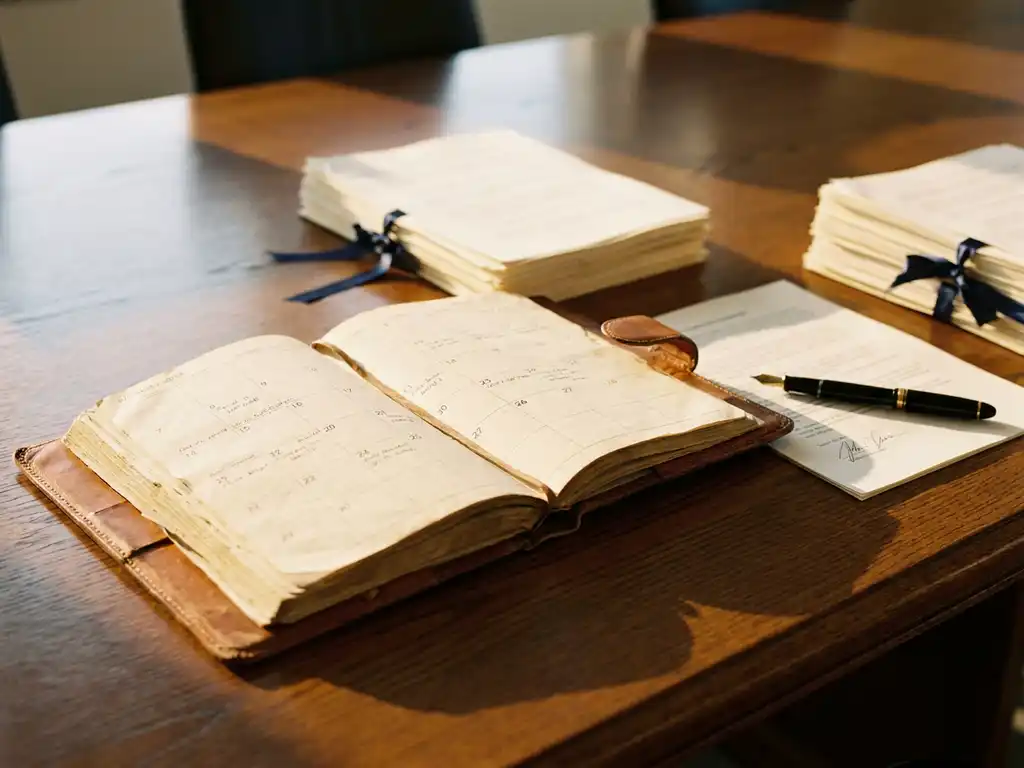 Aufgeschlagener Leder-Kalender auf dunklem Eichentisch mit gestapelten Rechtsdokumenten und Füllfederhalter auf unterzeichnetem Vertrag.