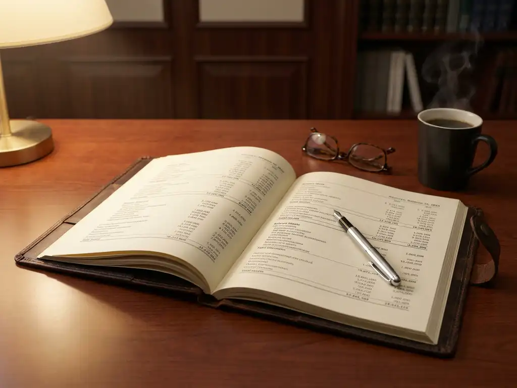 Ledermappe mit Finanzberichten und Bilanzen auf Mahagonischreibtisch, Füllfederhalter, Lesebrille und Kaffeetasse im Hintergrund.