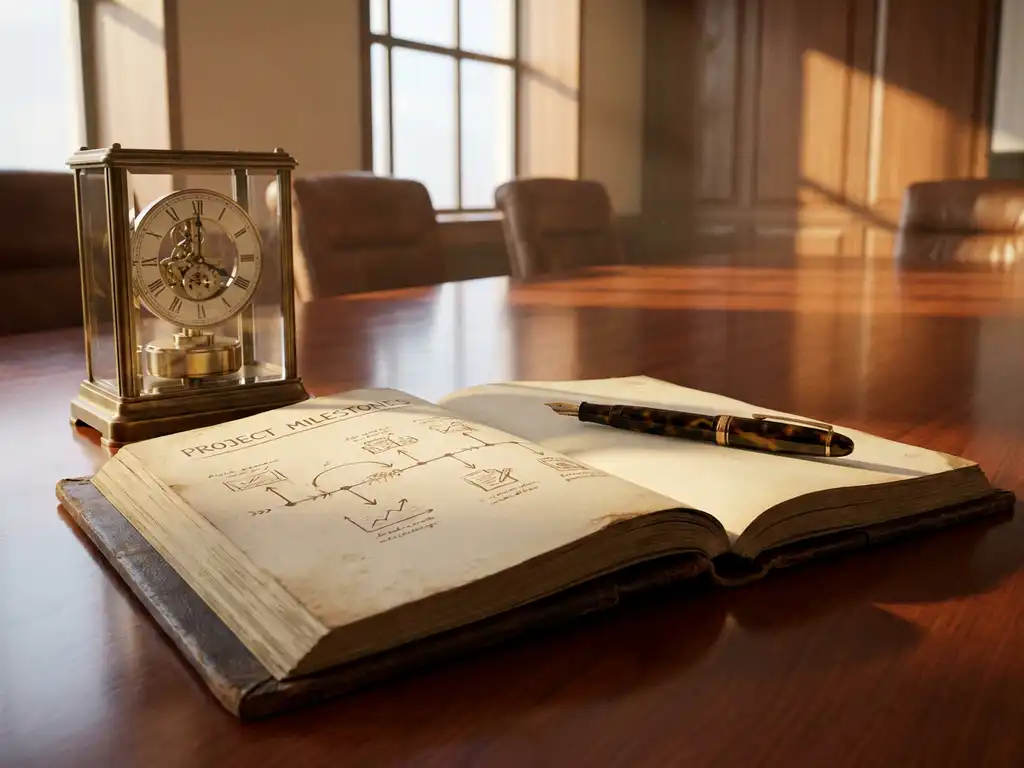 Aufgeschlagenes Ledertagebuch mit Zeitstrahl-Skizze auf Mahagoni-Schreibtisch, Füllfederhalter und mechanische Uhr daneben.