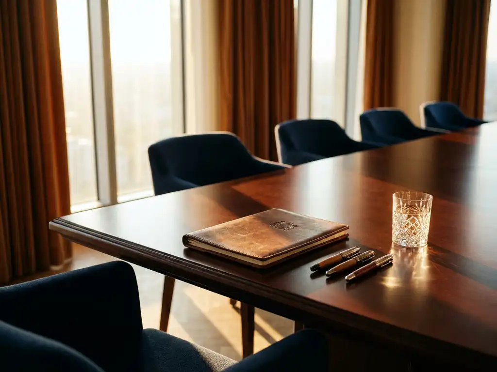 Mahagonitisch im Boardroom mit ledergebundenem Dossier, drei Füllfederhaltern und Kristallglas im goldenen Nachmittagslicht.