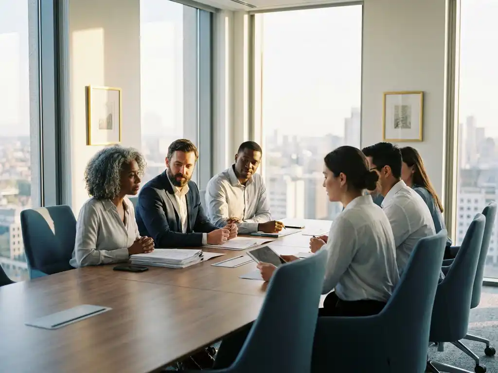 Diverses Berufsteam bespricht Dokumente am Konferenztisch in modernem Büro mit Stadtpanorama im goldenen Nachmittagslicht.