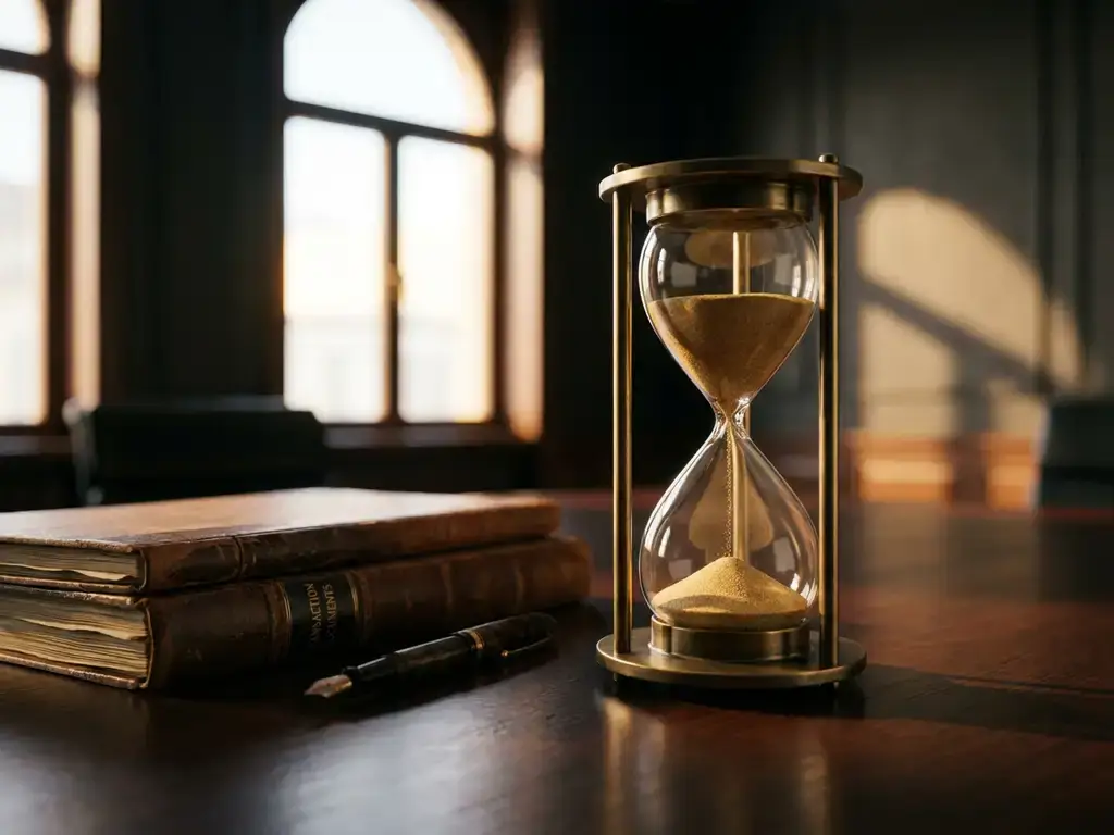 Vintage-Sanduhr mit goldenem Sand auf Mahagoni-Konferenztisch neben Transaktionsdokumenten und Füllfederhalter, warmes Licht.