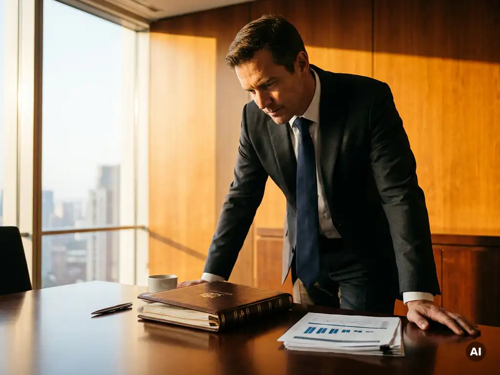 Externer Manager im dunklen Anzug prüft Firmendossier am Konferenztisch mit Stadtpanorama im Hintergrund.