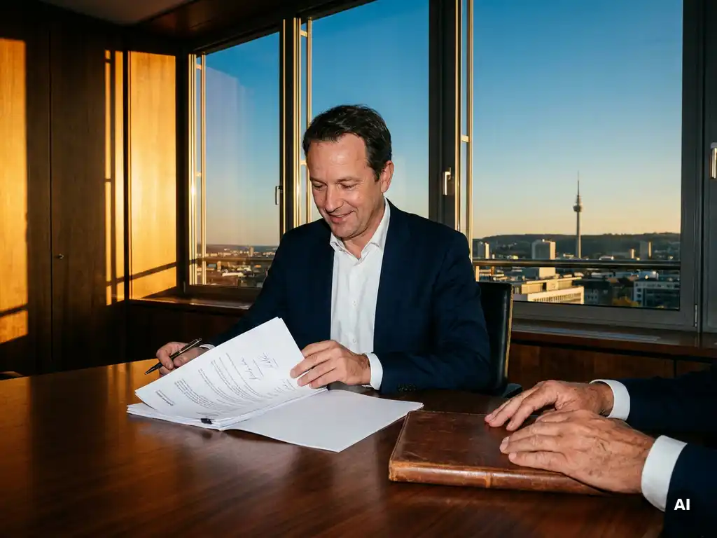 Externer Nachfolger im Anzug prüft Übergabedokumente am Konferenztisch, Stuttgarter Skyline im Hintergrund.