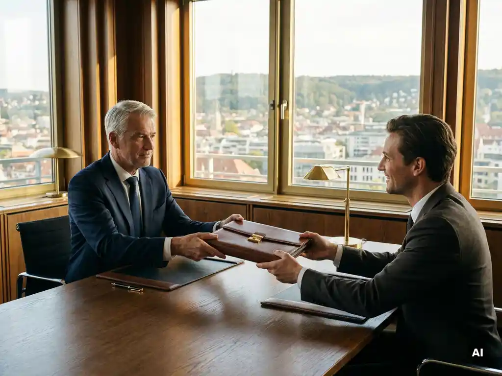 Erfahrener Manager übergibt ledergeb­undenes Portfolio an Nachfolger im Stuttgarter Boardroom mit Panoramafenstern.