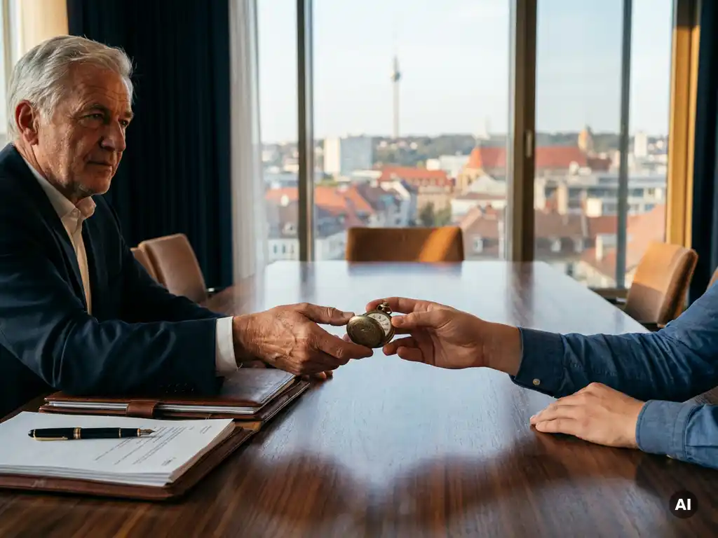 Erfahrener Manager übergibt goldene Taschenuhr an jüngere Hände über Walnuss-Konferenztisch mit Stuttgarter Stadtpanorama im Hintergrund.