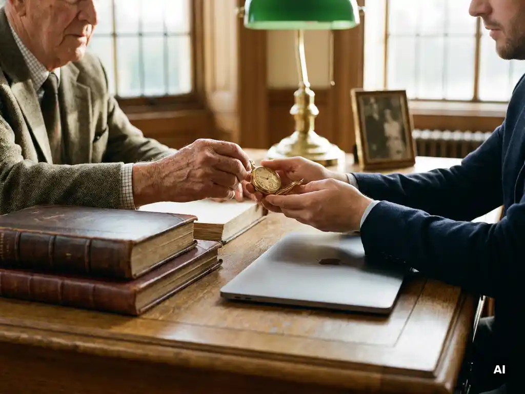 Ältere Hände reichen eine antike Taschenuhr an jüngere Hände weiter, Schreibtisch mit Lederbüchern und Laptop im Hintergrund.
