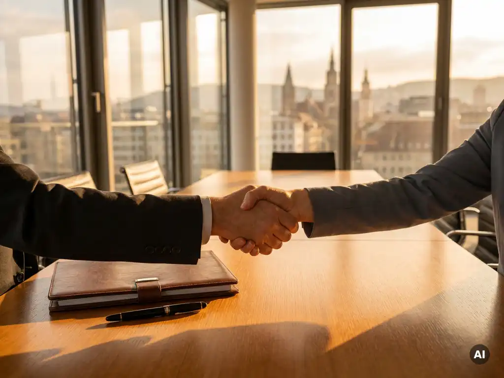 Handschlag zweier Fachleute im Stuttgarter Boardroom, Unternehmensdossier und Füllfederhalter auf dem Tisch, Stadtpanorama im Hintergrund.