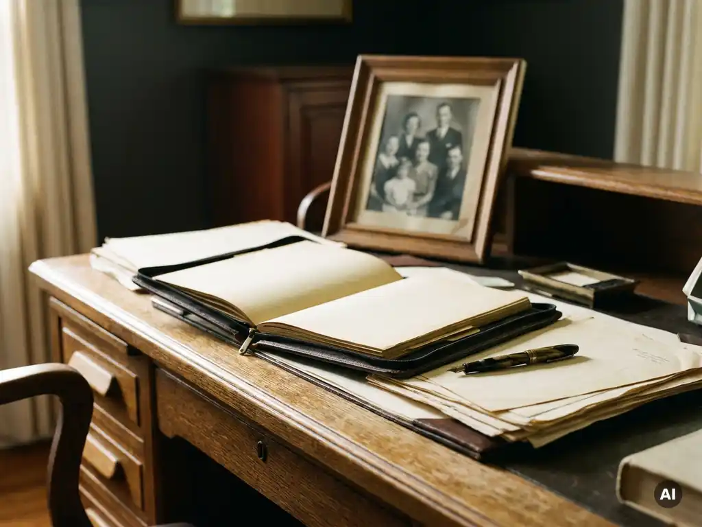 Verwitterter Eichenschreibtisch mit aufgeschlagenem Nachfolgebinder, ungekapptem Füllfederhalter und schief hängendem Familienfoto im Hintergrund.