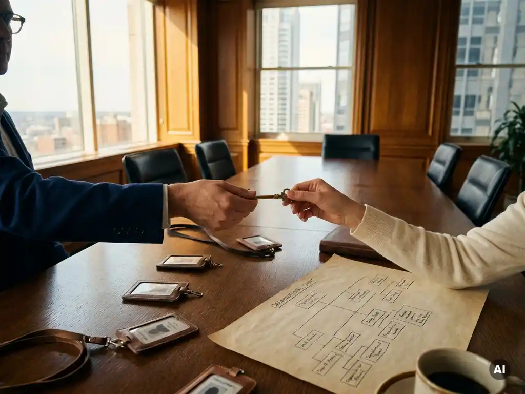 Zwei Personen übergeben einen symbolischen Schlüssel an einem Eichentisch mit Mitarbeiterausweisen und Organigramm in einem Stuttgarter Boardroom.