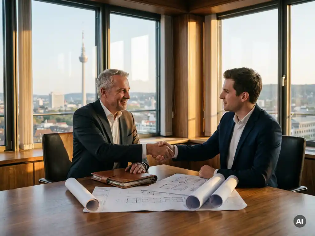 Erfahrener Manager im Anzug gibt jungem Nachfolger im Stuttgarter Boardroom die Hand, Baupläne und Ledermappe auf dem Tisch.