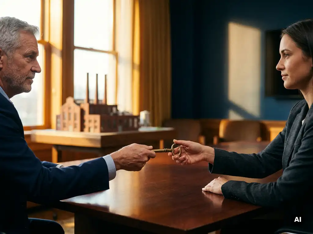 Erfahrener Manager übergibt Vintage-Schlüssel an jüngeren Nachfolger im Boardroom, Industrieanlage-Modell im Hintergrund, goldenes Nachmittagslicht.