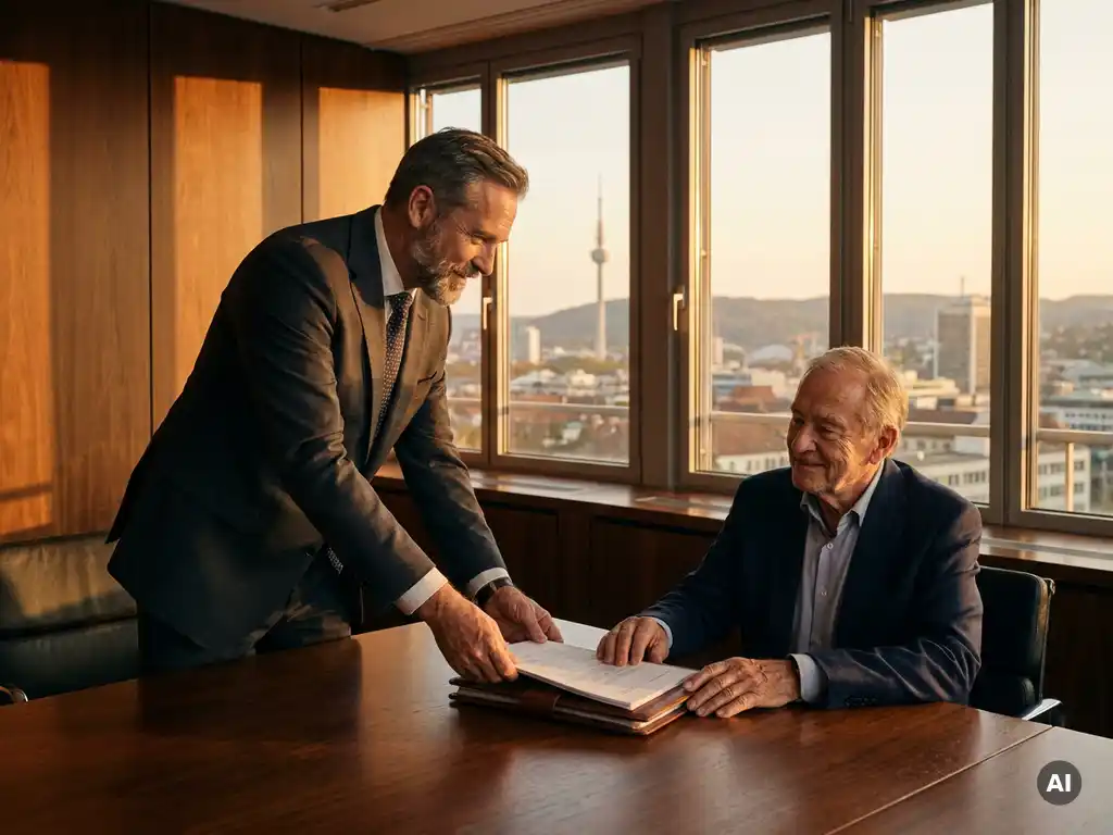 Berater im Anzug übergibt unterzeichneten Vertrag an Geschäftsinhaber im Boardroom mit Stuttgarter Stadtpanorama im Hintergrund.