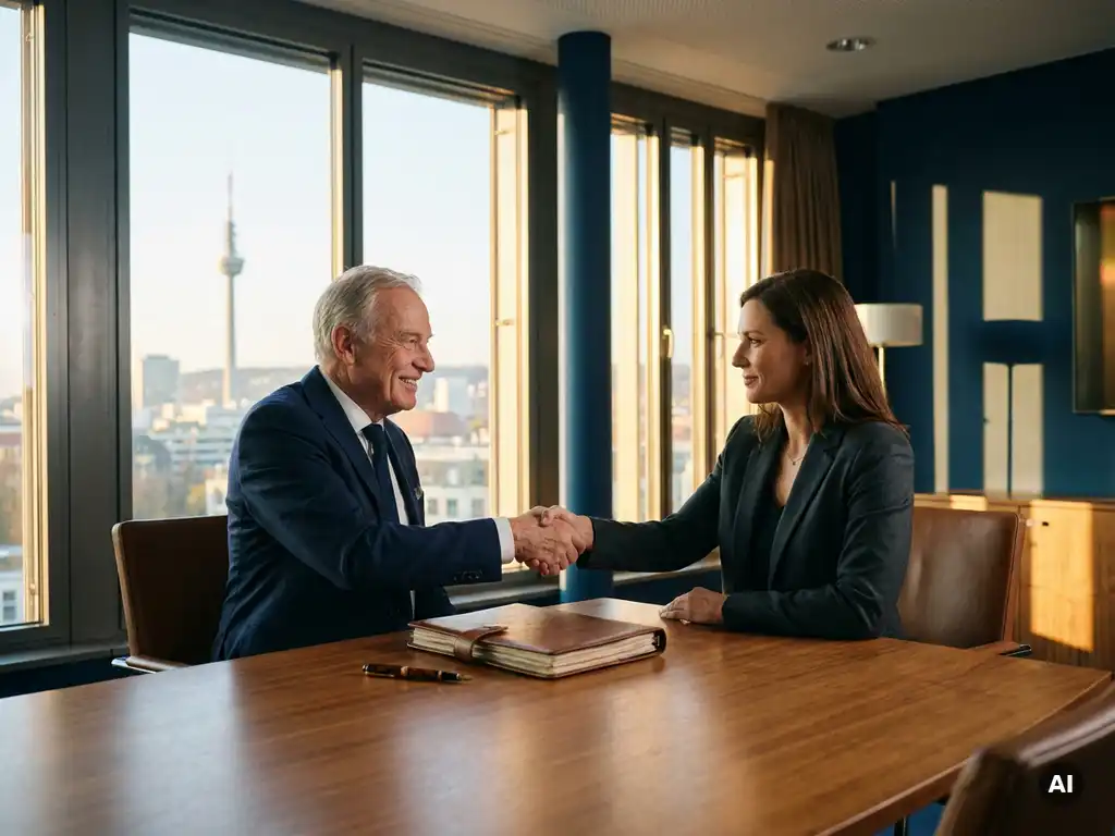 Leitender Manager im Anzug gibt Unternehmer die Hand über Konferenztisch mit Firmendossier, Stuttgarter Skyline im Hintergrund.